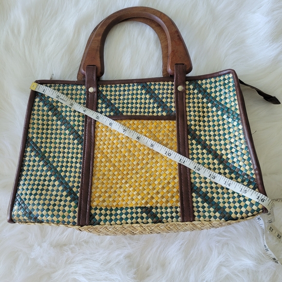 Woven Wooden Handle Bag Fully Lined Gorgeous Colors Mixed Media Every Season - Picture 12 of 12